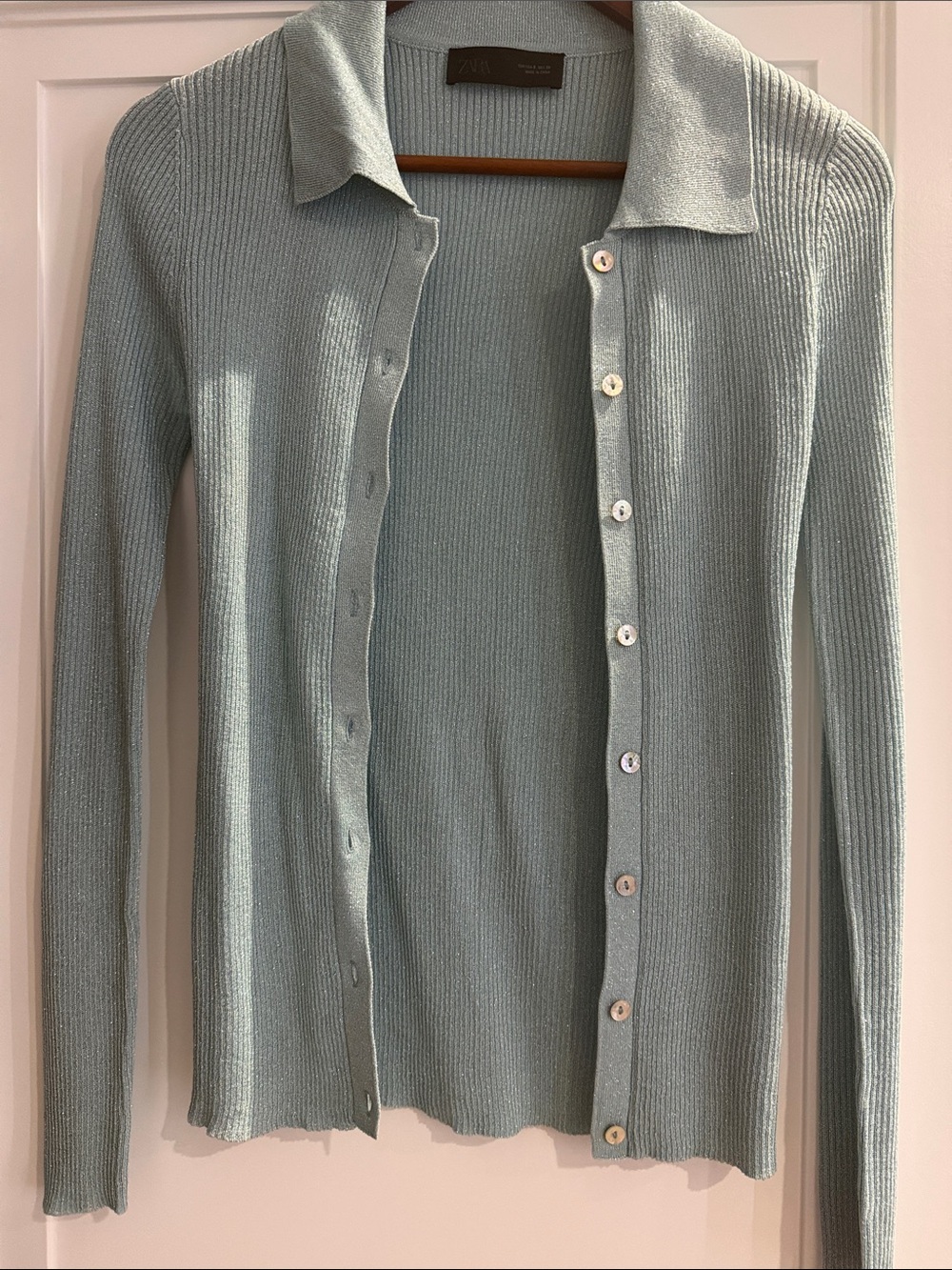 Zara light blue glitter knit Ribbed Button-Down Cardigan size S